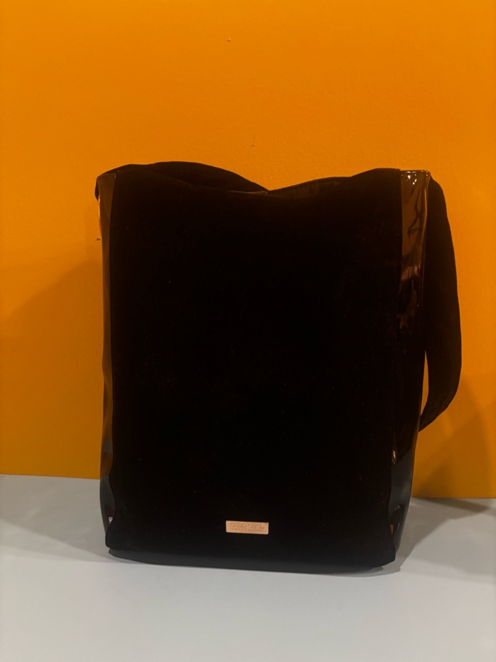 Black Velvet Shoulder Bag with Patent Trim0823